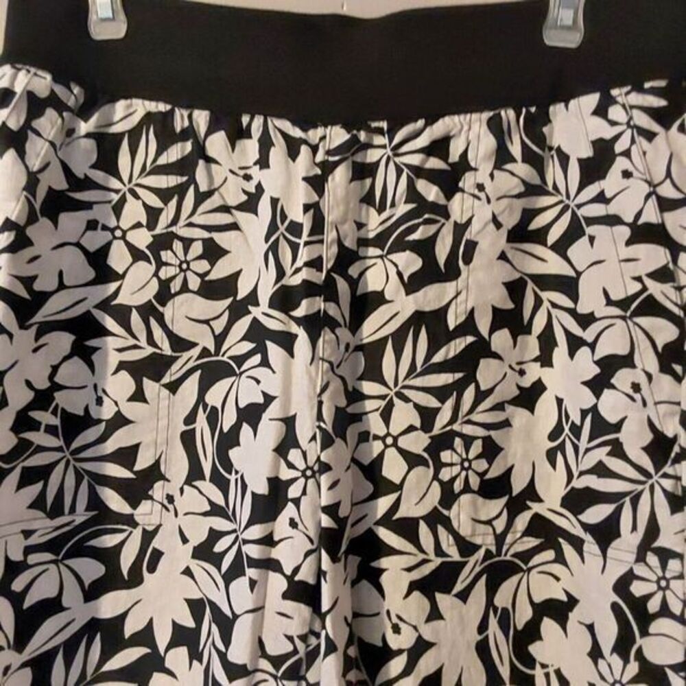 LANDS END Wide Leg Womans Sz 12 Pull-on Elastic Waist Black &‎ White Linen Pants